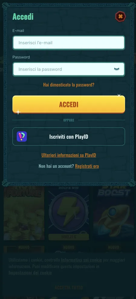 Schermata login Spinanga con campo email e password