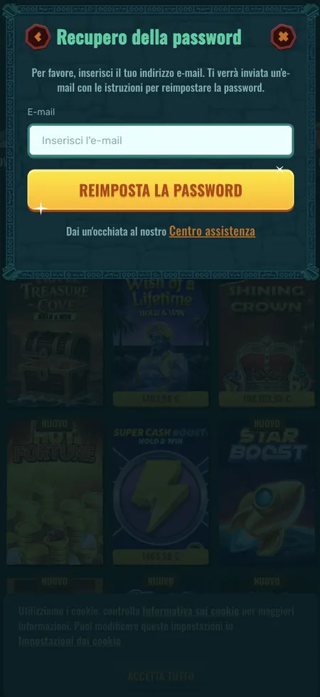 Schermata recupero password Spinanga