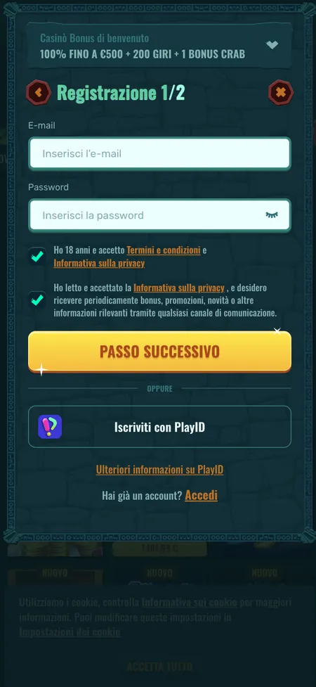 Modulo di registrazione Spinanga Casino passo 1